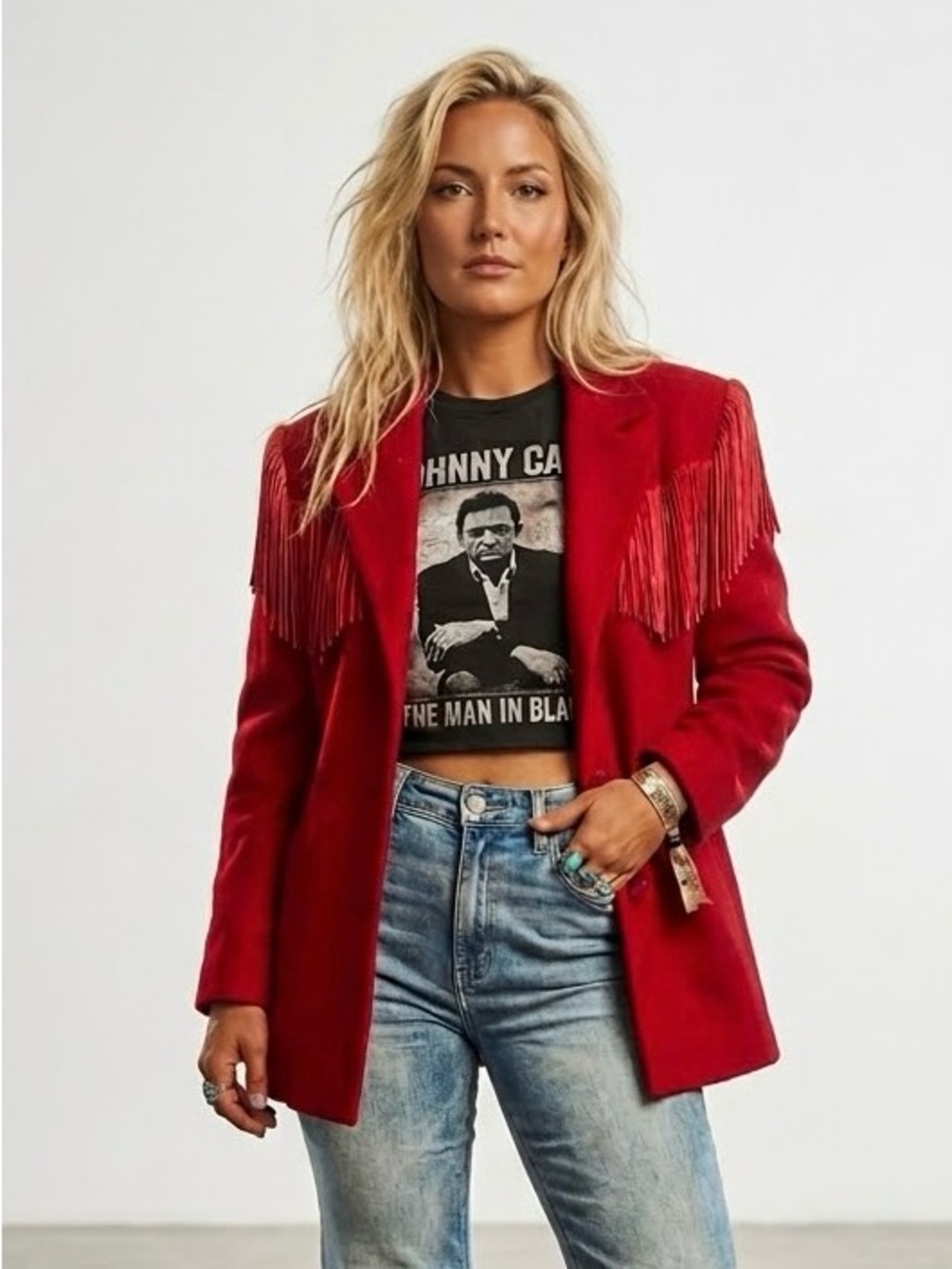New Frontier Red Fringe-Shoulder Blazer